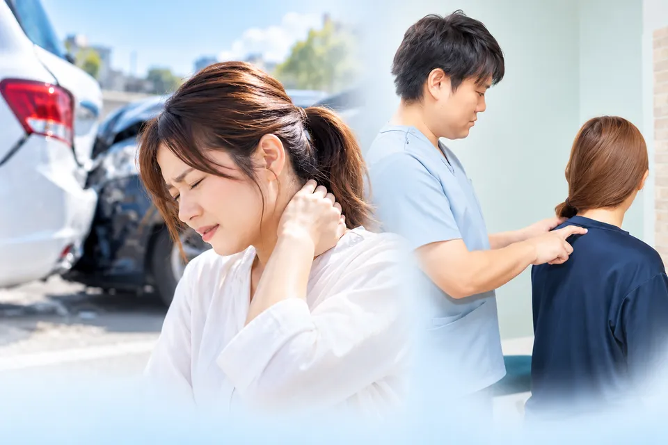 事故後に首を気にする女性と、院内でお体の状態を確認する様子